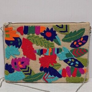 Hand Beaded Floral Leaves Colorful Canvas Boho Crossbody Shoulder Bag Festival